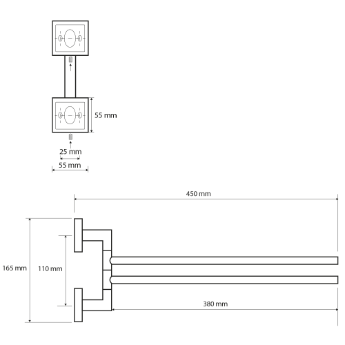 Rysunek techniczny - X-SQUARE podwójny wieszak na ręczniki, obrotowy 420mm, chrom