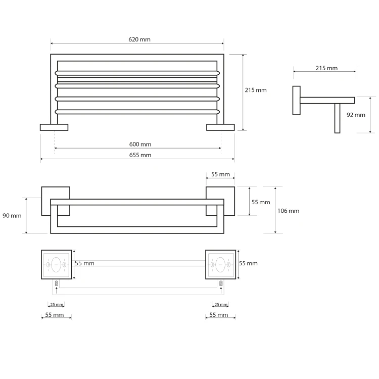 Rysunek techniczny - X-SQUARE półka na ręczniki z relingiem 655x110x215mm, chrom