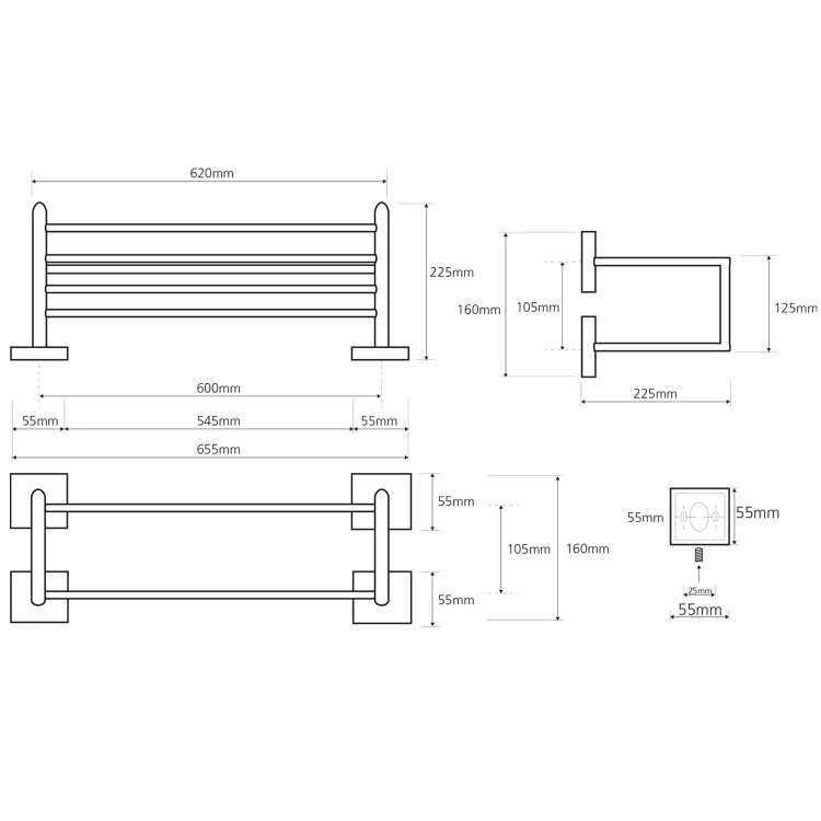 Rysunek techniczny - X-SQUARE półka na ręczniki z relingiem 650x155x255mm, chrom