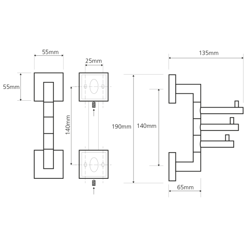 Rysunek techniczny - X-SQUARE wieszak potrójny obrotowy, chrom