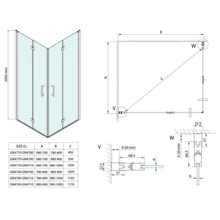 Rysunek techniczny - LORO kabina prysznicowa 900x700mm wariant, wejście z rogu