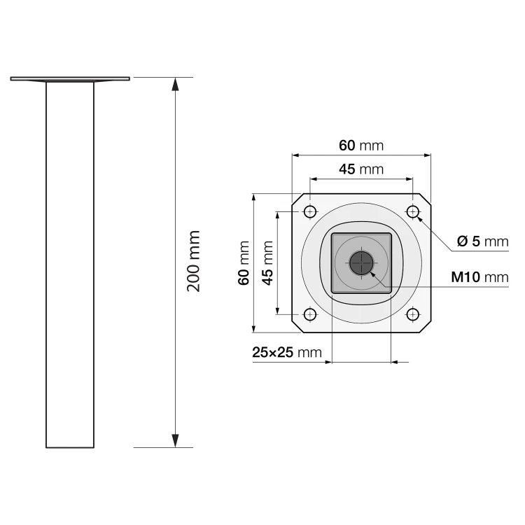 Rysunek techniczny - Nóżki do mebli, wysokość 200mm, czarny mat
