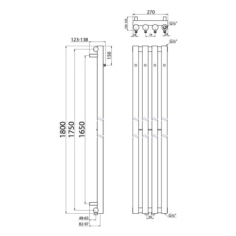 Rysunek techniczny - PILON grzejnik łazienkowy 270x1800mm, 4 wieszaki, chrom