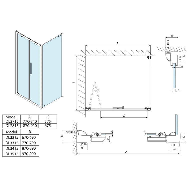 Rysunek techniczny - LUCIS LINE ścianka boczna 800mm, szkło czyste