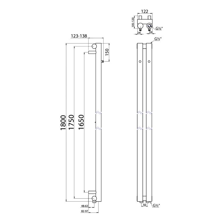 Rysunek techniczny - PILON grzejnik łazienkowy 122x1800mm, 2 wieszaki, biały mat