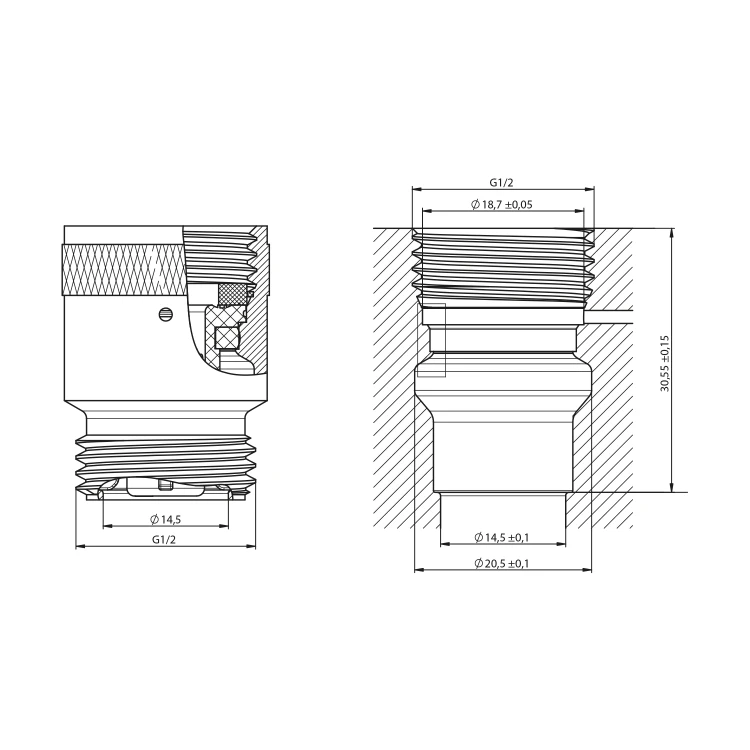 Rysunek techniczny - Ogranicznik przepływu 1 bar, 1/2", chrom