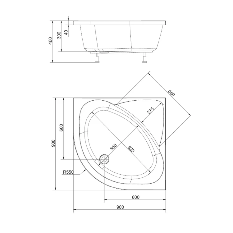 Rysunek techniczny - SELMA brodzik prysznicowy głęboki półokrągły 90x90x30cm,R550,biały