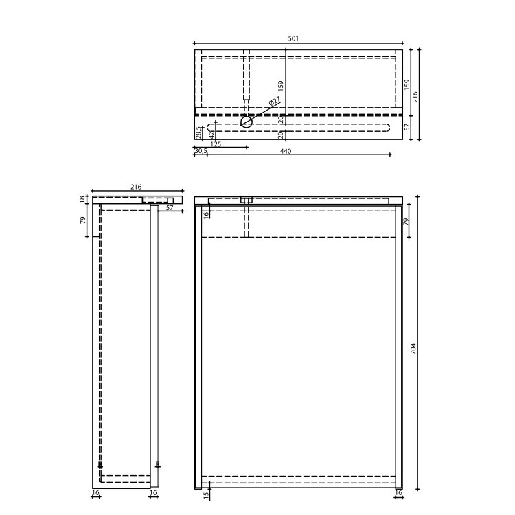 Rysunek techniczny - KAWA STRIP szafka z lustrem, oświetlenie LED 50x70x22cm, dąb emporio