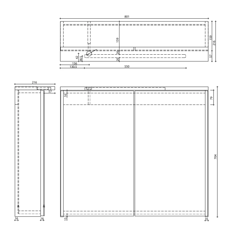 Rysunek techniczny - KAWA STRIP szafka z lustrem, oświetlenie LED 80x70x22cm, dąb emporio