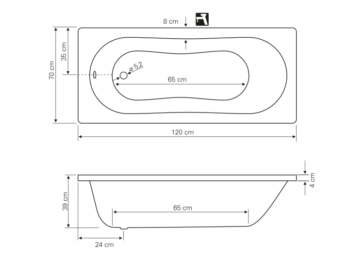 Rysunek techniczny - JIZERA wanna 120x70cmx39cm, biały