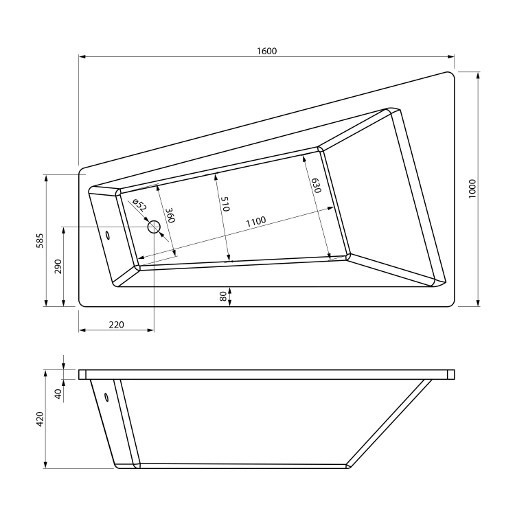 Rysunek techniczny - METUJE wanna 160x100x42cm, lewa, biały