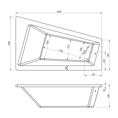 Rysunek techniczny - METUJE wanna 160x100x42cm, prawa, biały