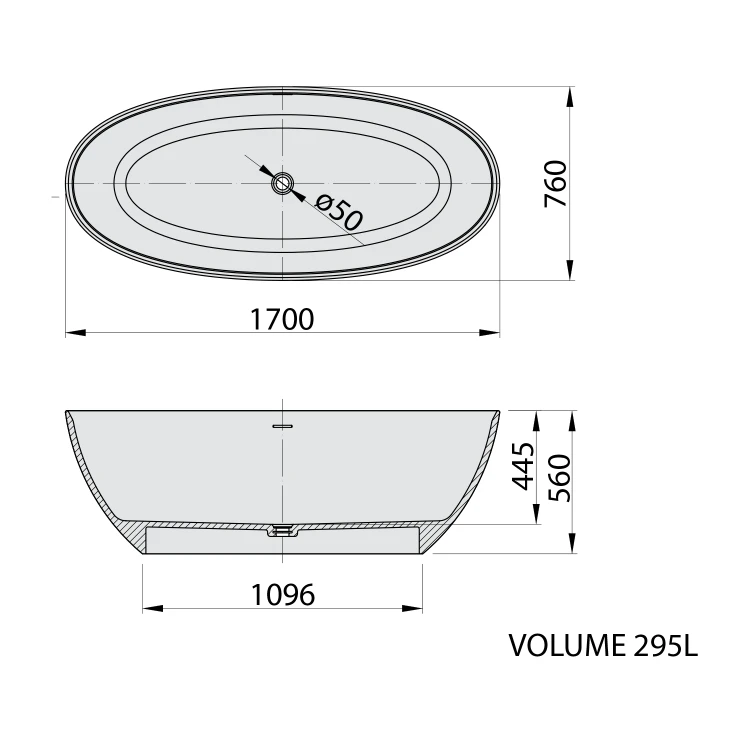 Rysunek techniczny - NOYA wanna wolnostojąca 170x76x56cm, solid surface, biały mat