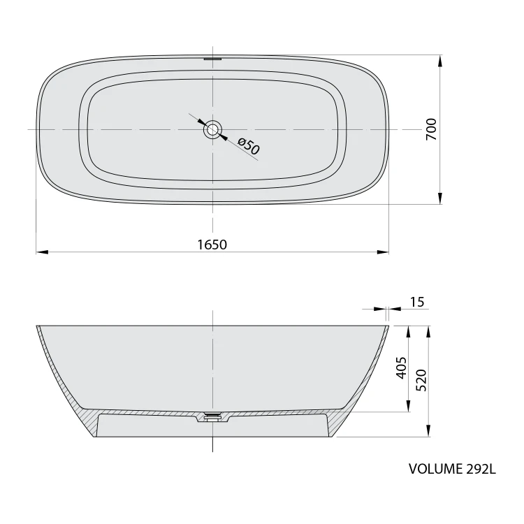 Rysunek techniczny - MEDINA wanna wolnostojąca 165x70x52cm, solid surface, biały mat