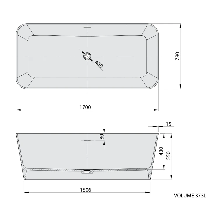 Rysunek techniczny - LEYLA wanna wolnostojąca 170x78x55cm, solid surface, biały mat
