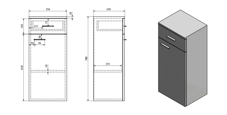 Rysunek techniczny - ZOJA/KERAMIA FRESH szafka dolna 35x78x29cm, biała