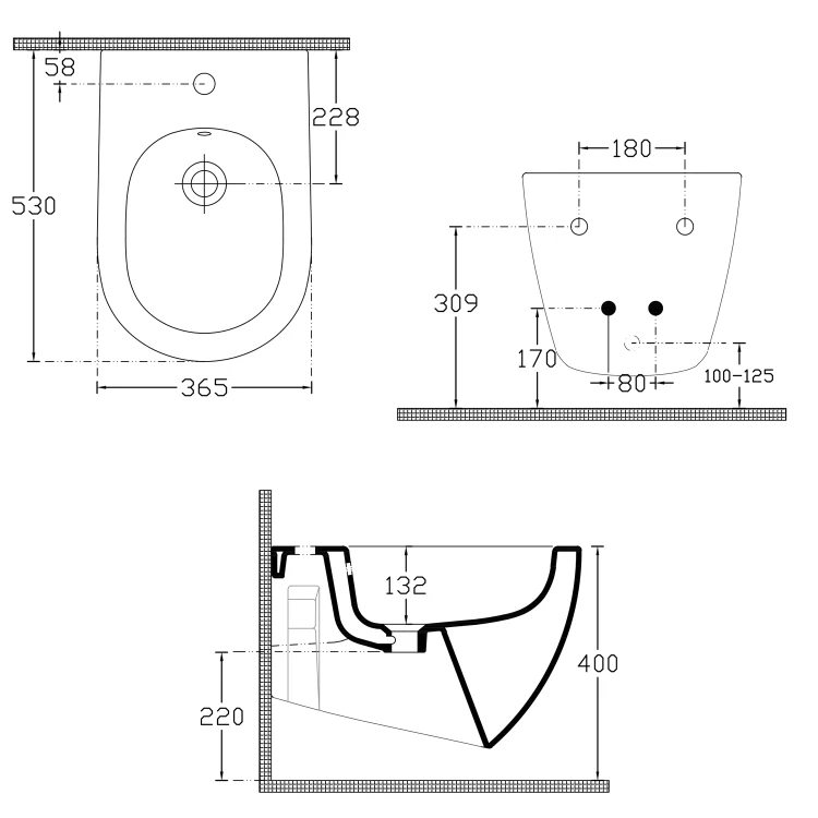 Rysunek techniczny - INFINITY bidet wiszący 36,5x53cm, biały mat