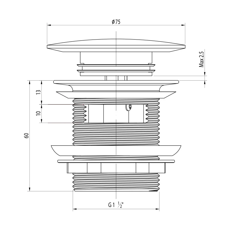 Rysunek techniczny - Odpływ wannowy 6/4", klik-klak, , solid surface, biały mat