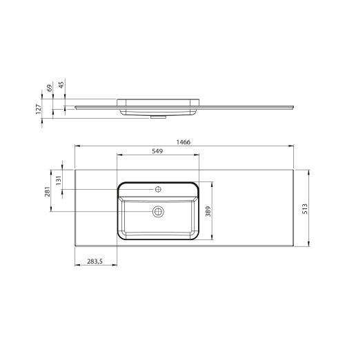 Rysunek techniczny - BRAHEA umywalka 146,6x51,5cm (110+35), Rockstone, lewy, biały mat