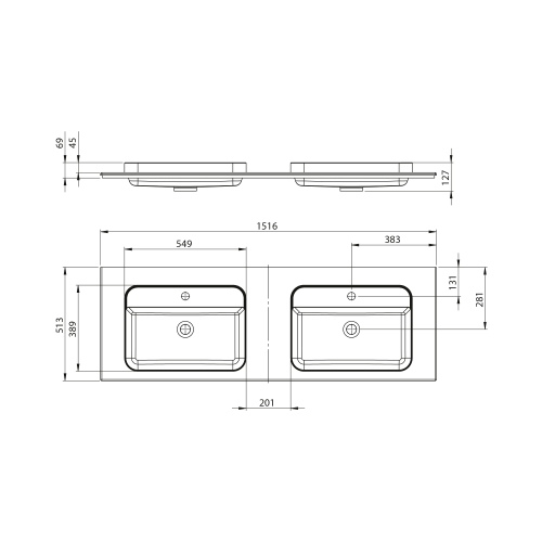 Rysunek techniczny - BRAHEA umywalka podwójna 151,6x51,5cm (75+75), Rockstone, biały mat