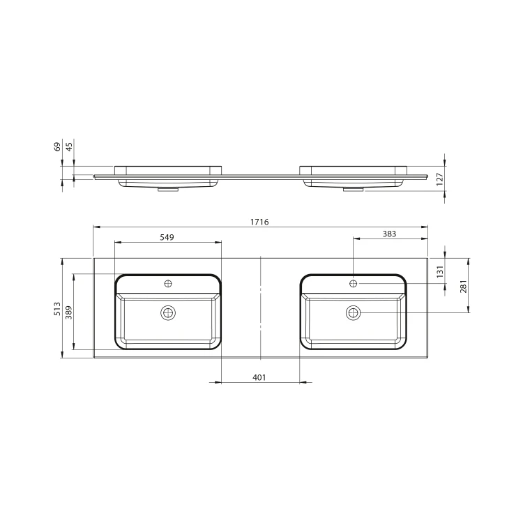 Rysunek techniczny - BRAHEA umywalka podwójna 171,6x51,5cm (75+20+75), Rockstone, biały mat