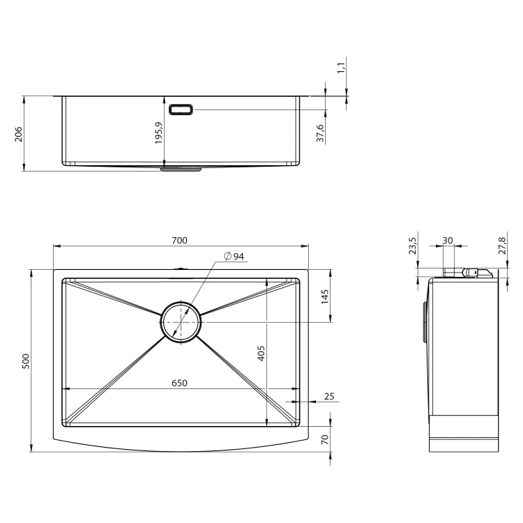 Rysunek techniczny - AMERICAN zlewozmywak ze stali nierdzewnej 70x50cm, gun metal
