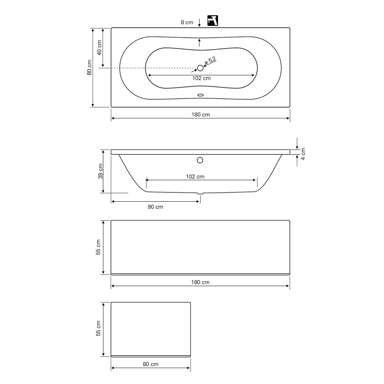 Rysunek techniczny - JIZERA wanna 180x80x39cm, biały