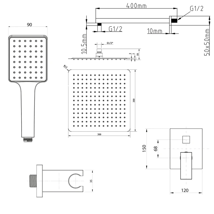 Rysunek techniczny - CUBEMIX zestaw prysznicowy z baterią podtynkową, 2 wyjścia, przyłącze kątowe, chrom