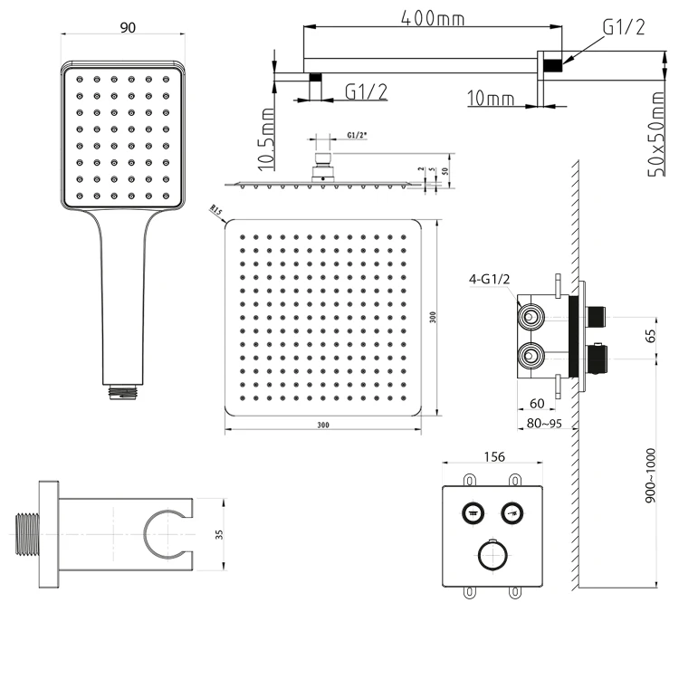 Rysunek techniczny - SMART SELECT zestaw prysznicowy podtynkowy termostatyczny, 2 wyjścia, przyłącze kątowe, czarny mat