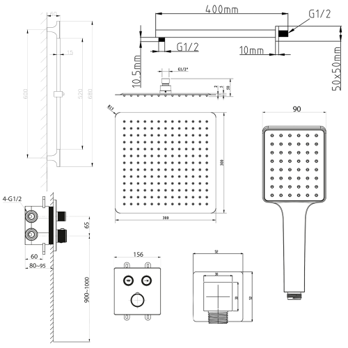 Rysunek techniczny - SMART SELECT zestaw prysznicowy podtynkowy z baterią termostatyczną, 2 wyjścia, przesuwny uchwyt prysznicowy, czarny mat