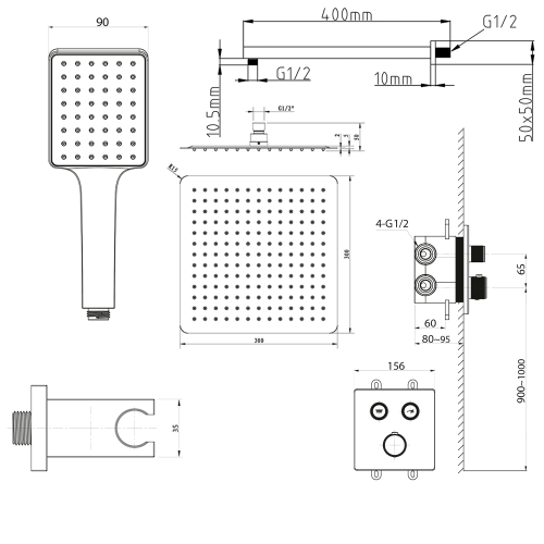 Rysunek techniczny - SMART SELECT zestaw prysznicowy podtynkowy termostatyczny, 2 wyjścia, przyłacze kątowe, złoty mat