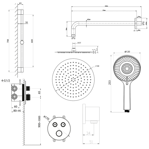 Rysunek techniczny - SMART SELECT zestaw prysznicowy podtynkowy z baterią termostatyczną, 2 wyjścia, przesuwny uchwyt prysznicowy, czarny mat