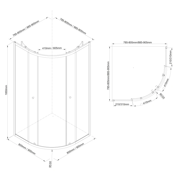 Rysunek techniczny - ARLETA BLACK kwadratowa kabina prysznicowa 800x800mm, szkło czyste