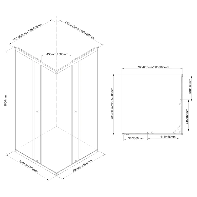 Rysunek techniczny - AGGA BLACK kabina prysznicowa 800x800mm, szkło czyste