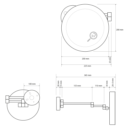 Rysunek techniczny - X-ROUND wiszące lusterko kosmetyczne LED, średnica 200mm, chrom