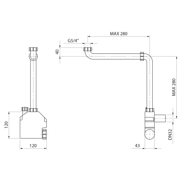 Rysunek techniczny - SQUID syfon umywalkowy oszczędzający miejsce, 5/4", korek 32mm, biały