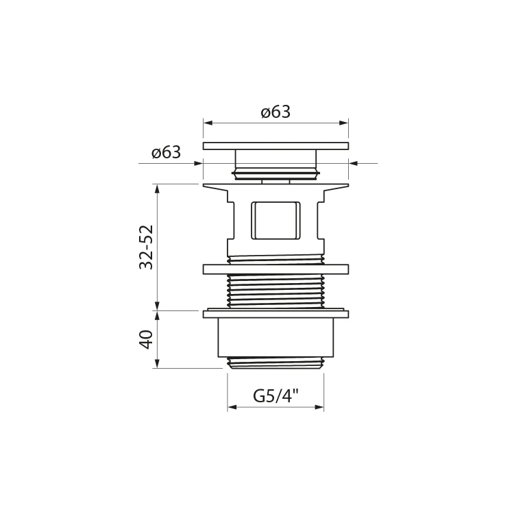 Rysunek techniczny - Odpływ umywalkowy 5/4”, klik-klak, duży korek, 32-52mm, ABS/chrom