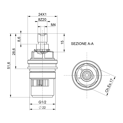 Rysunek techniczny - Głowica ceramiczna 1/2", ciepły