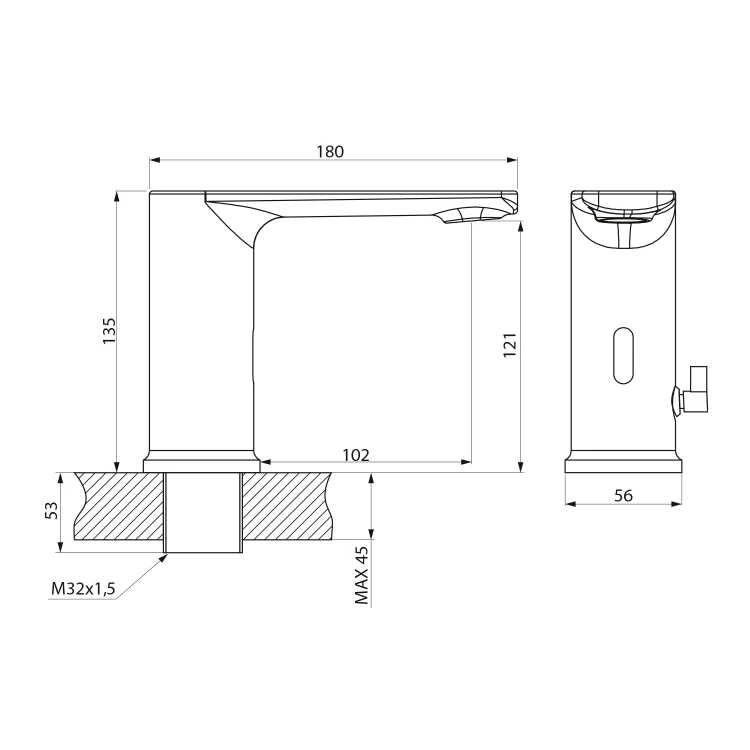 Rysunek techniczny - Sensorowa bateria stojąca z regulacją temperatury, 6V DC (4xAA), chrom