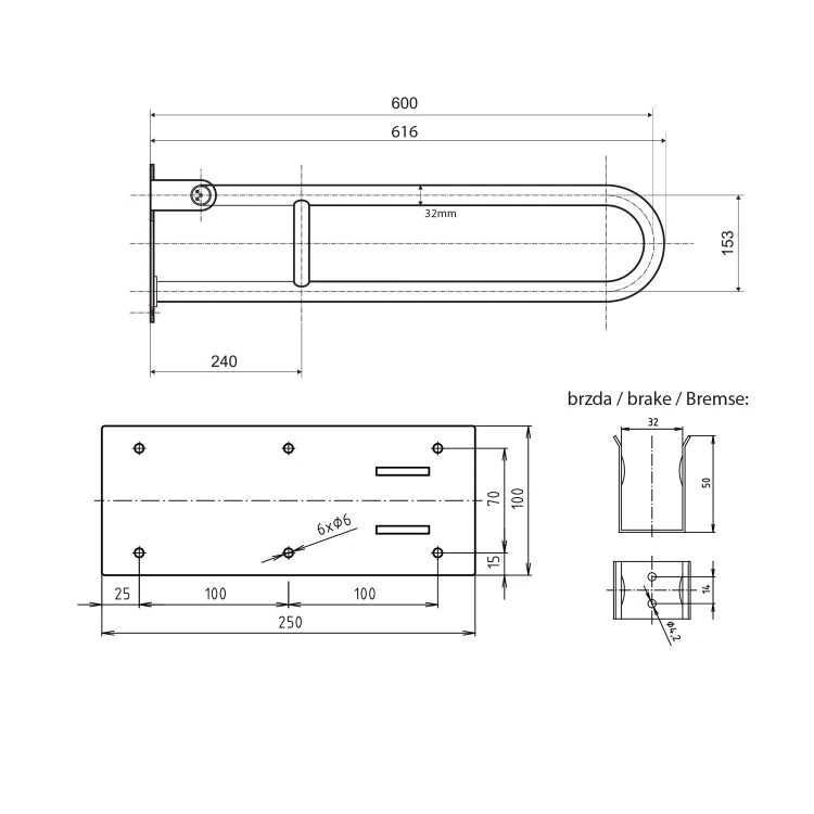 Rysunek techniczny - HANDICAP poręcz składana 600mm, czarny mat