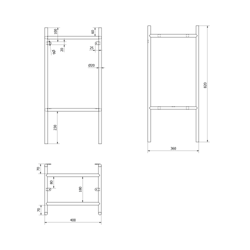 Rysunek techniczny - PUNO konsola pod umywalkę 400x820x360mm, złoty mat