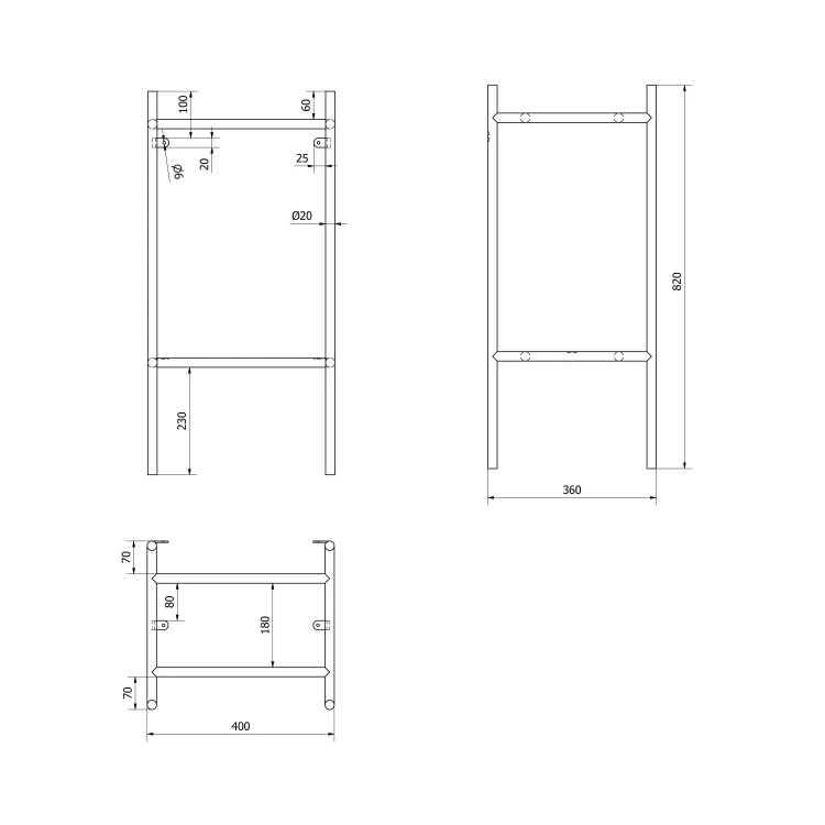Rysunek techniczny - PUNO konsola pod umywalkę 400x820x360mm, złoty mat
