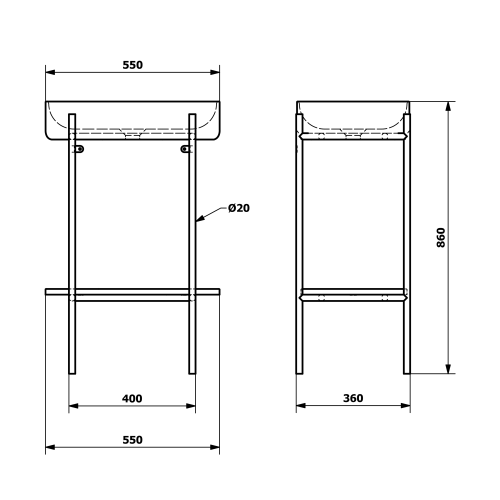 Rysunek techniczny - PUNO konsola z umywalką 550x860x360mm, złoty mat