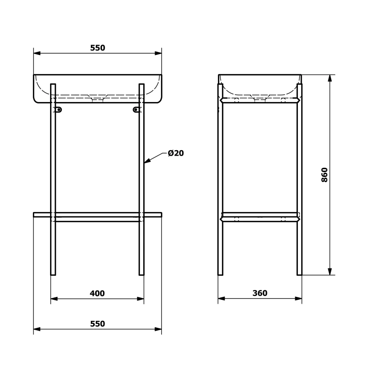 Rysunek techniczny - PUNO konsola z umywalką 550x860x360mm, złoty mat