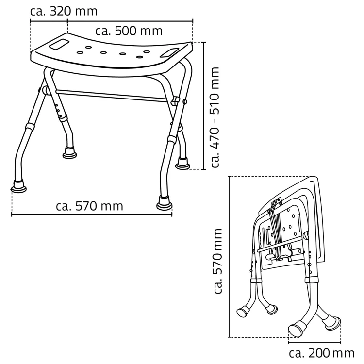 Rysunek techniczny - HANDICAP Taboret łazienkowy, składany, biały