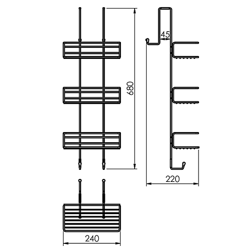 Rysunek techniczny - CHROM LINE druciana półka prysznicowa 240x680x220mm, chrom