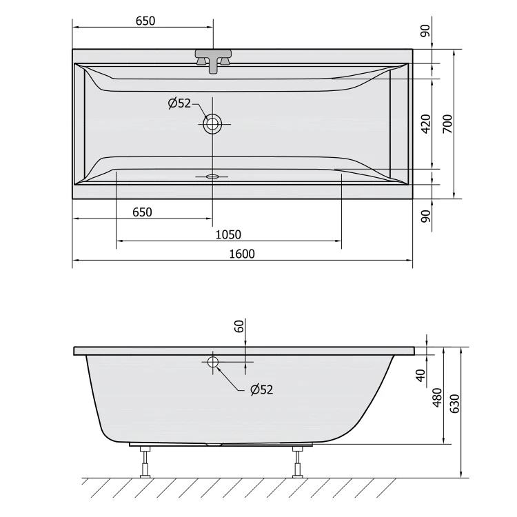Rysunek techniczny - CLEO wanna prostokątna 160x70x48cm, czarny mat