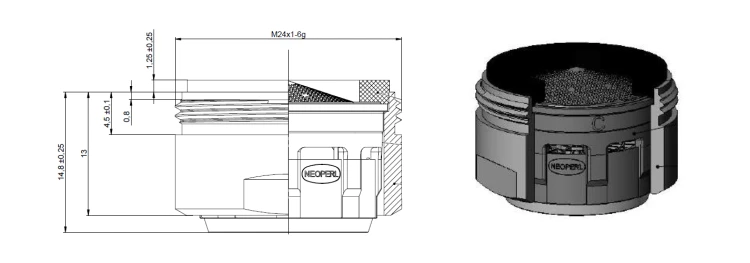 Rysunek techniczny - NEOPERL perlator Anticalc, gwint zewnętrzny M24x1cm, chrom