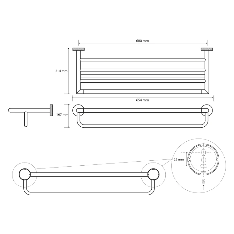 Rysunek techniczny - LARISSA półka na ręczniki z uchwytem 600mm, chrom