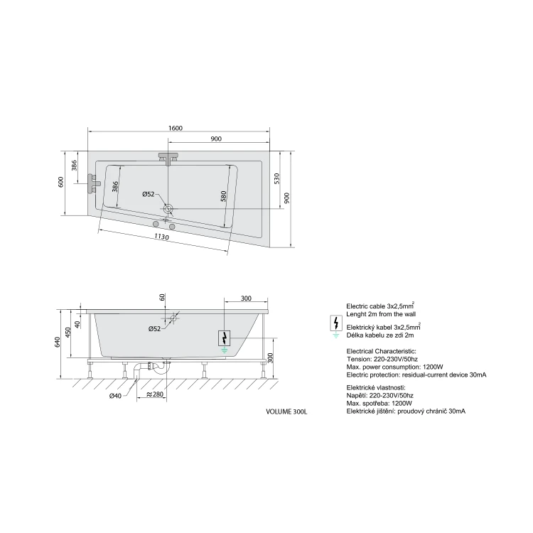 Rysunek techniczny - ANDRA R wanna z hydromasażem, 160x90x45cm, Active Hydro-Air, chrom